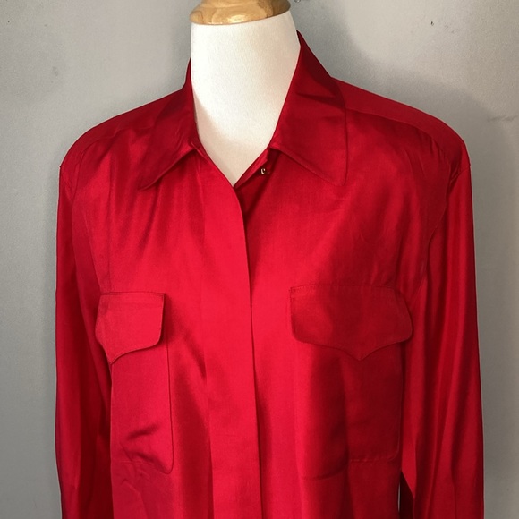 Dana Buchman 100% Silk Red Camp Safari Button Down Shirt Blouse Sz 8 - Picture 4 of 8